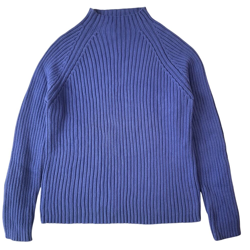 Ann Taylor LOFT Women Sweater Size L Blue Long Sleeve Mock Neck 100% Cotton